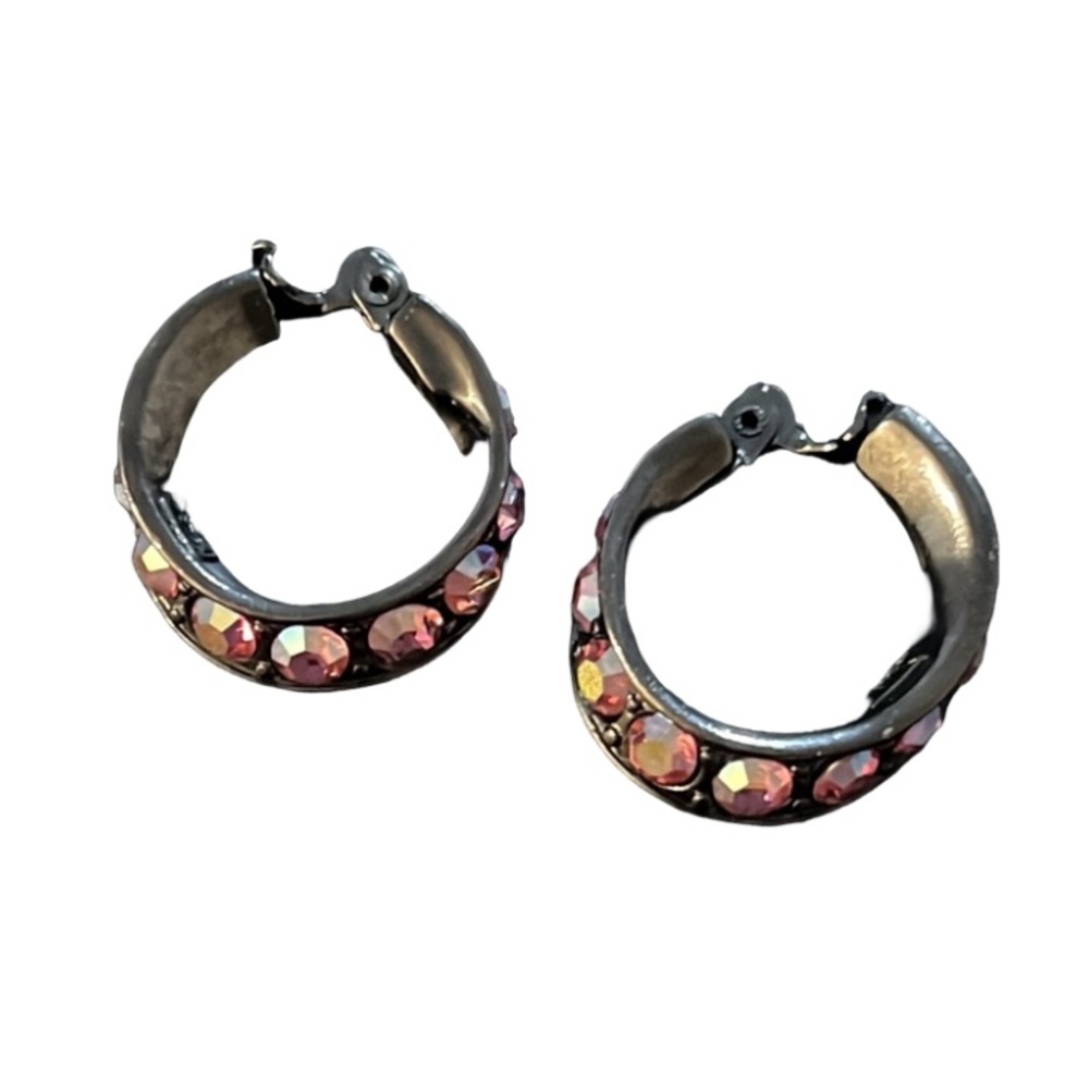 Yves Saint Laurent Whimsical Pink Swarovski Crystal Black Hoop Earrings